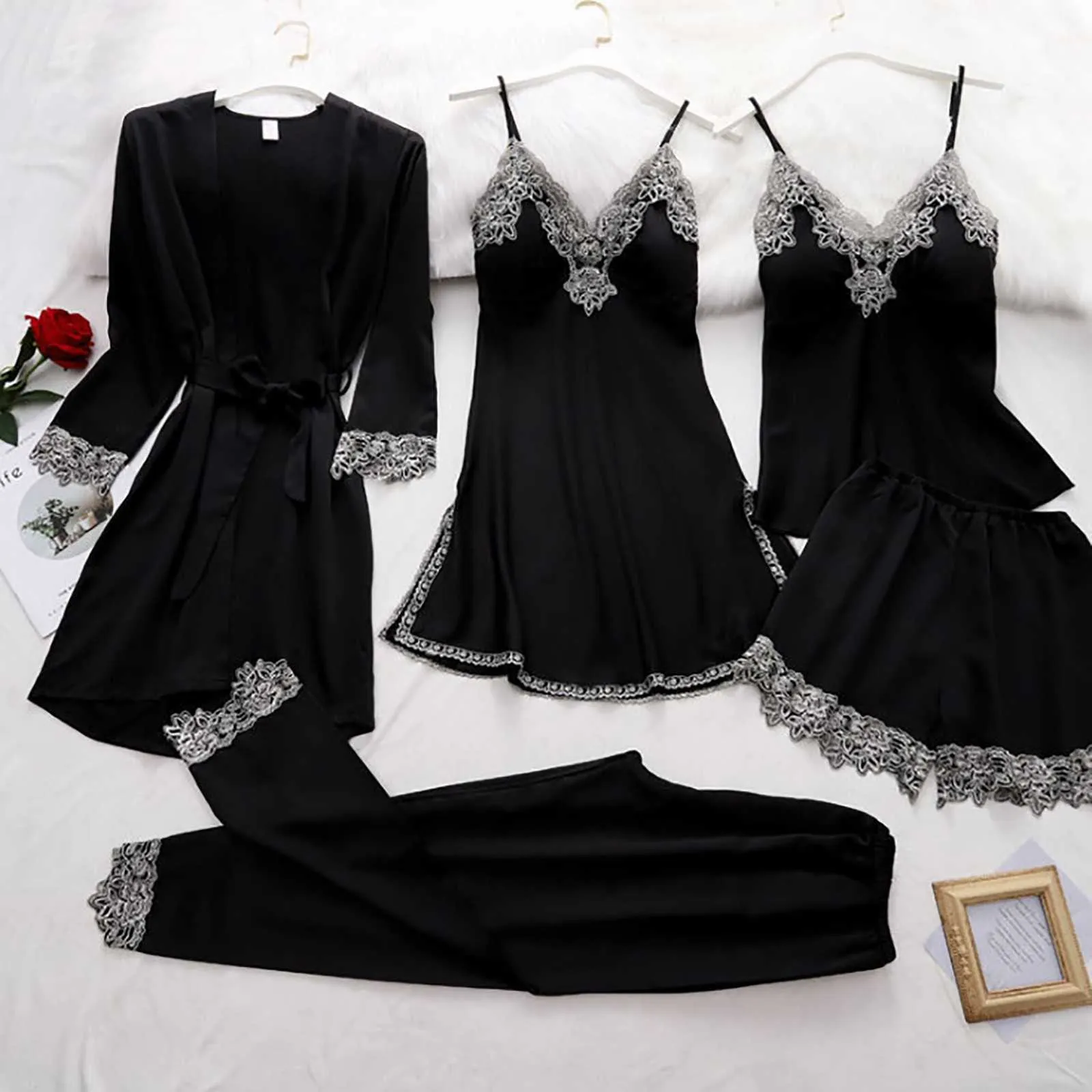 5-Piece Sexy Lace Silk Satin loungewear set for Women...