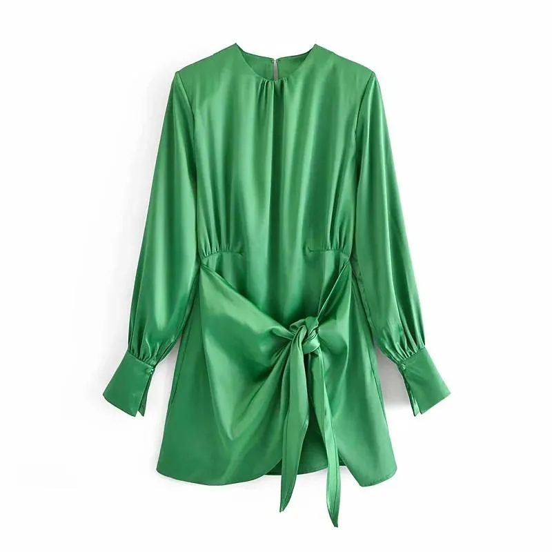 knee length dresses for ladies Dreams Of Fate Long Sleeve Satin Mini Dress Green main image 1