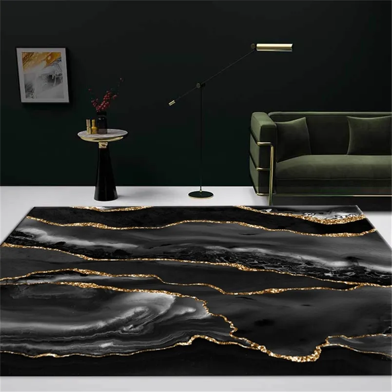 Luxury Black Gray Marble Carpet With Gold Line For Living Room Modern Home Decoration Coffee Table Rug Bedroom Bedside Mat Large 210917