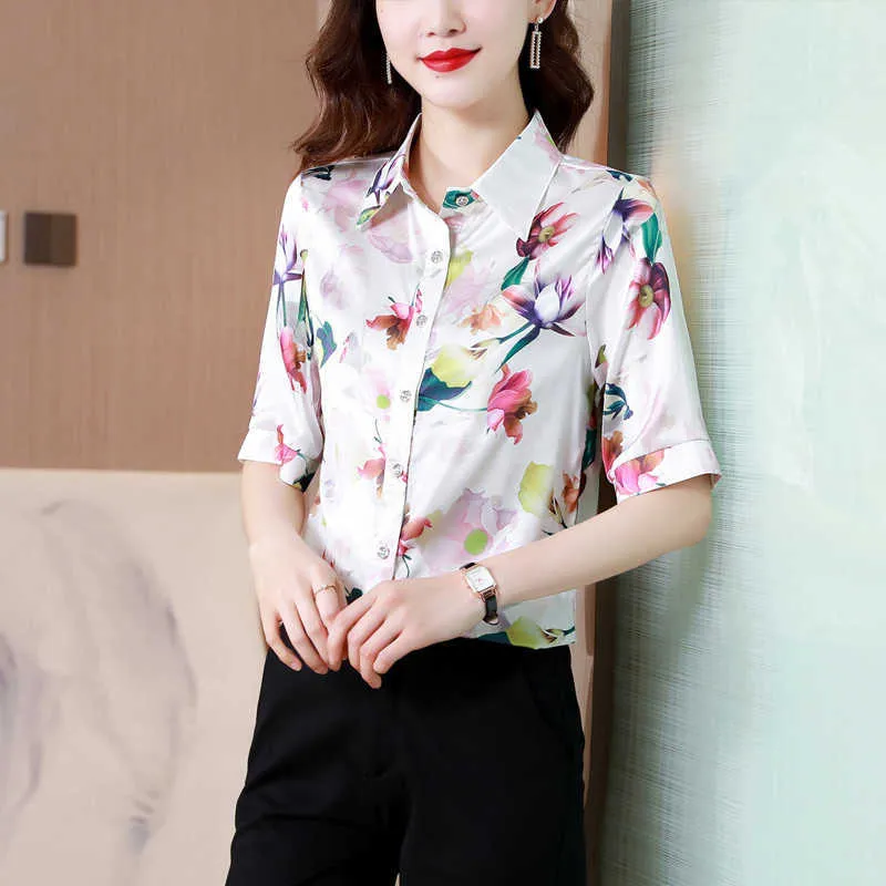 Hangzhou heavy silk blouse female temperament of short sleeve T-shirt mom summer fashion high-end satin half shirts 210531