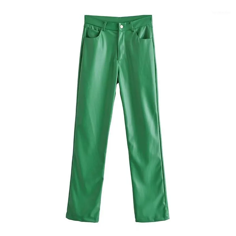 Pantaloni da donna Capris ZZJULY ZA Donna 2021 Moda con tasche Ecopelle Verde Vintage Cerniera a vita alta Pantaloni femminili Mujer