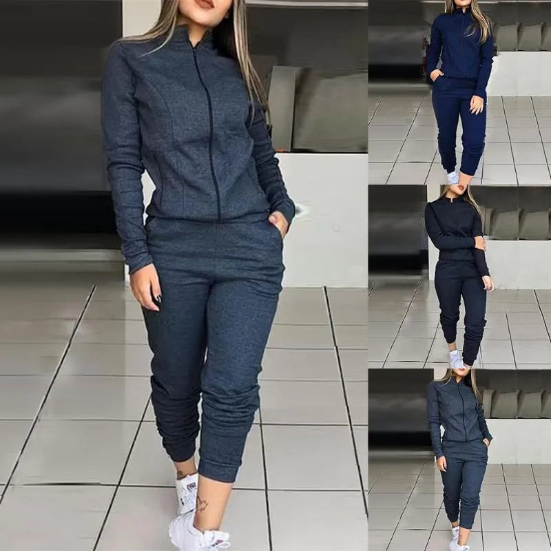 Zweiteiliges Kleid Frauen Sport Trainingsanzug Sets Casual Langarm Feste Jacke und elastische Taille Hosen 2021 Herbst Mode 2 Sportwears