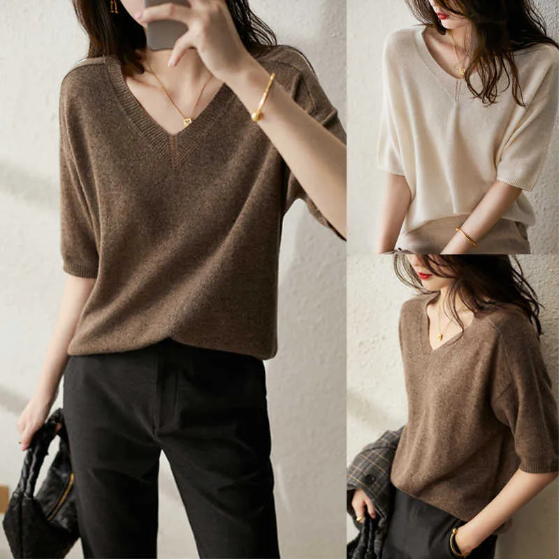 chic Oversized thin cashmere Sweater Pullovers Women female loose soft sweater short sleeve V neck basic knit Jumpers top 210604