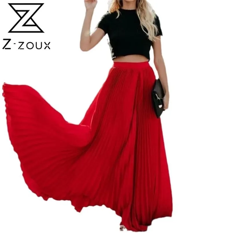 Zoux kobiety spódnica wysokiej talii plisowane długie spódnice czarny różowy biały czerwony Wszystkie mecz Vintage ubrania Lato 210619