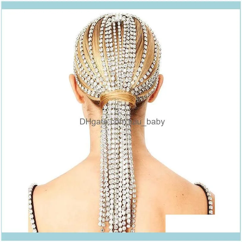 Bruiloft sieradenstogels trendy strass haar aessories voor vrouwen sieraden elegante volle kristallen kwast haarbanden lange ketting hoofddeksels druppel d