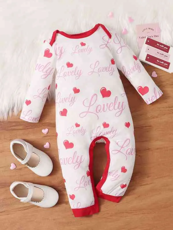 Baby Letter & Heart Graphic Contrast Binding Jumpsuit SHE