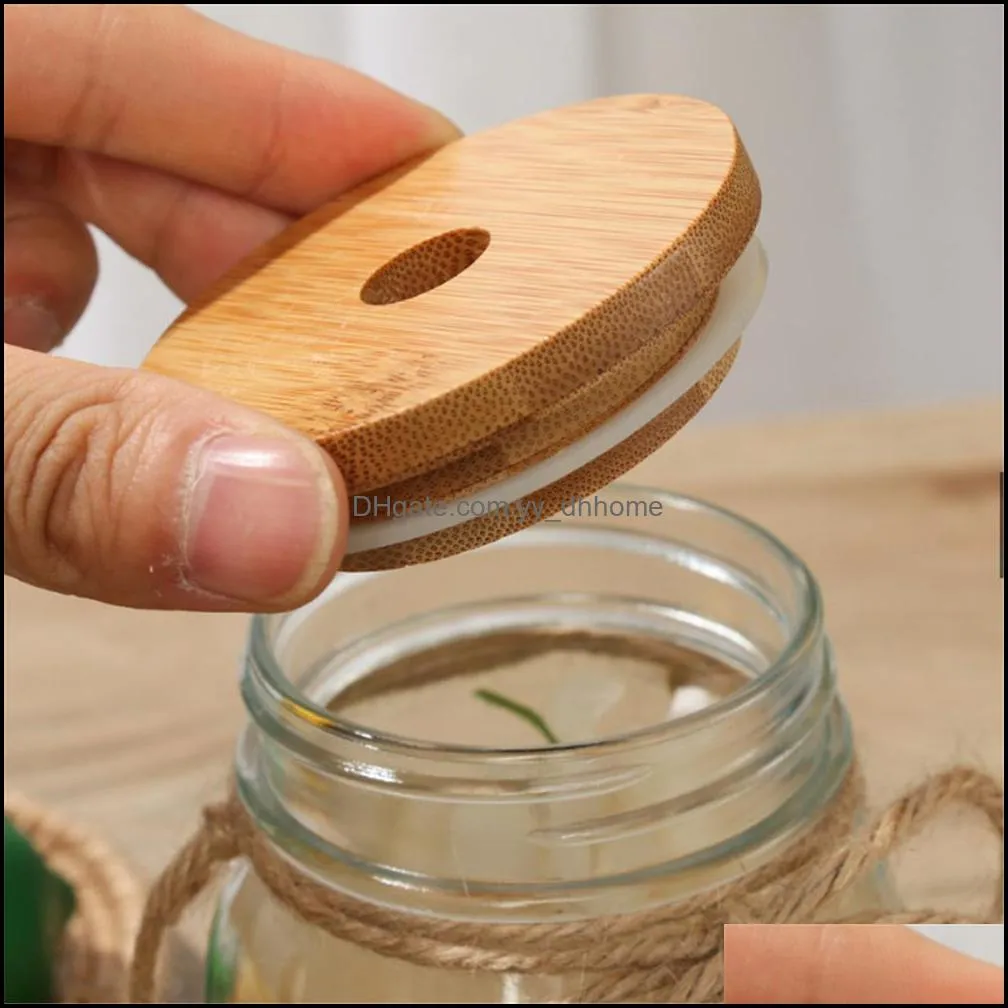 Kitchen Bamboo Mason Jar Lids with Straw Hole and Silicone Seal Reusable Caps for Wide Mouth Can Bottle 70mm 86mm XBJK2111