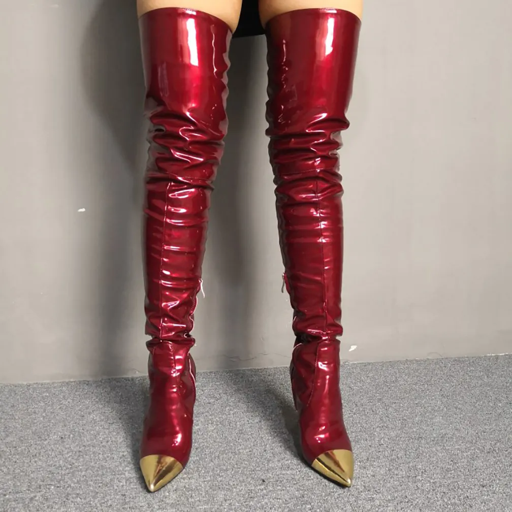 手作りの女性の実際の写真ハイヒール膝のブーツゴールドポイントトゥパテレザーイブニングパーティープロムセクシーな太もも高いブーティレッドファッションウィンターシューズD523