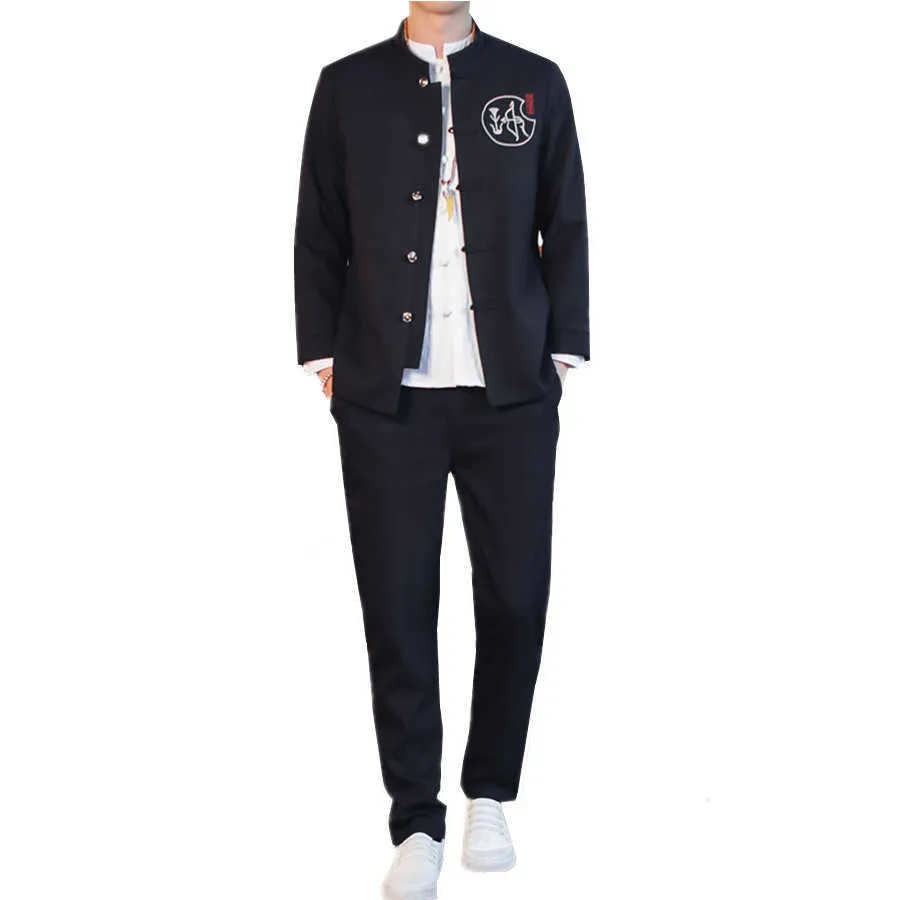 Style chinois hommes costumes noir gris marine mode broderie Blazers et pantalons 2020 automne nouveau col montant mâle deux pièces ensemble X0909