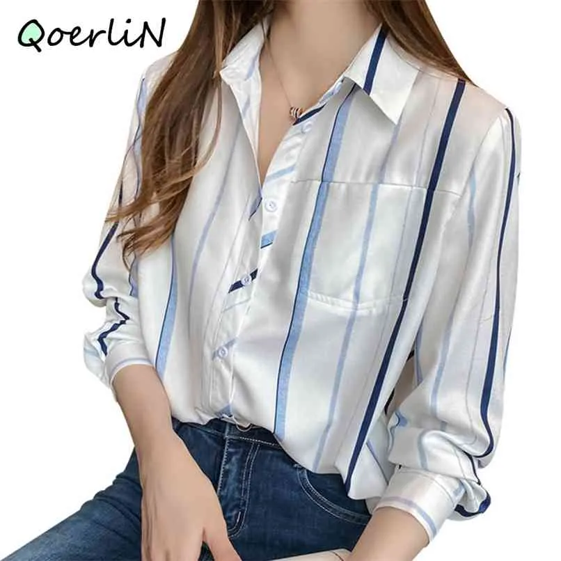 Vertical Striped Chiffon Blouse Profession Contrast Blue White Long Sleeve Shirts Elegant Single-breasted Button Blusas Mujer 210601
