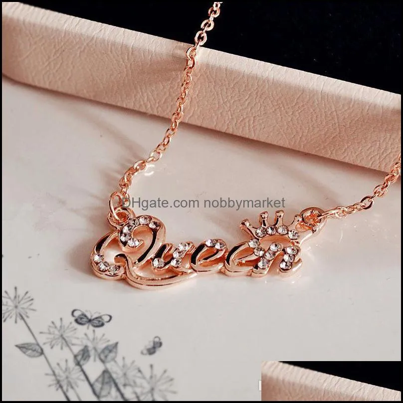 Elegant Letter Queen Pendant Necklace Gold Silver Rose Gold Rhinestone Clavicle Chain Necklaces For Women Lady Jewelry Gift
