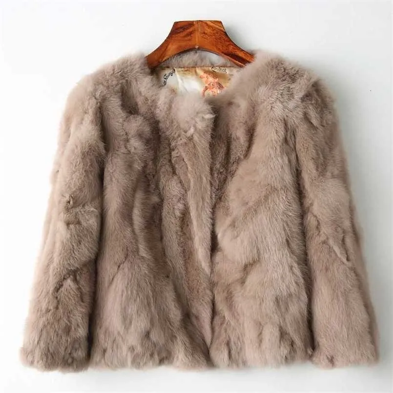 Genuine Full Pelt Fur Jacket Women's Design Rabbit Coat Natural Wholeskin O-Neck Fashion Slim Thin 211124