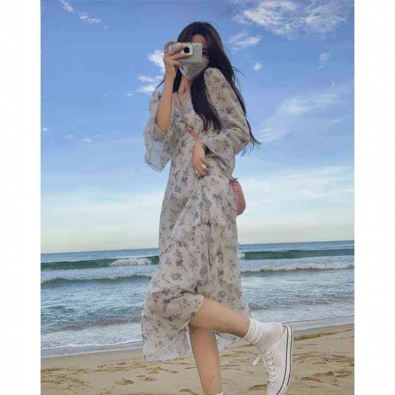 2021 otoño elegantes vestidos florales para mujer de manga larga Vintage fiesta Midi vestido de gasa para mujer playa vestido de una pieza Corea Chic Y1204