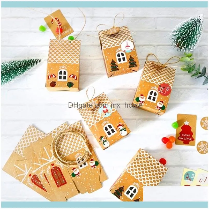 24 Sets Christmas House Gift Box Kraft Paper  Candy Bag Snowflake Tags 1-24 Advent Calendar Stickers Hemp Rope Party Supp