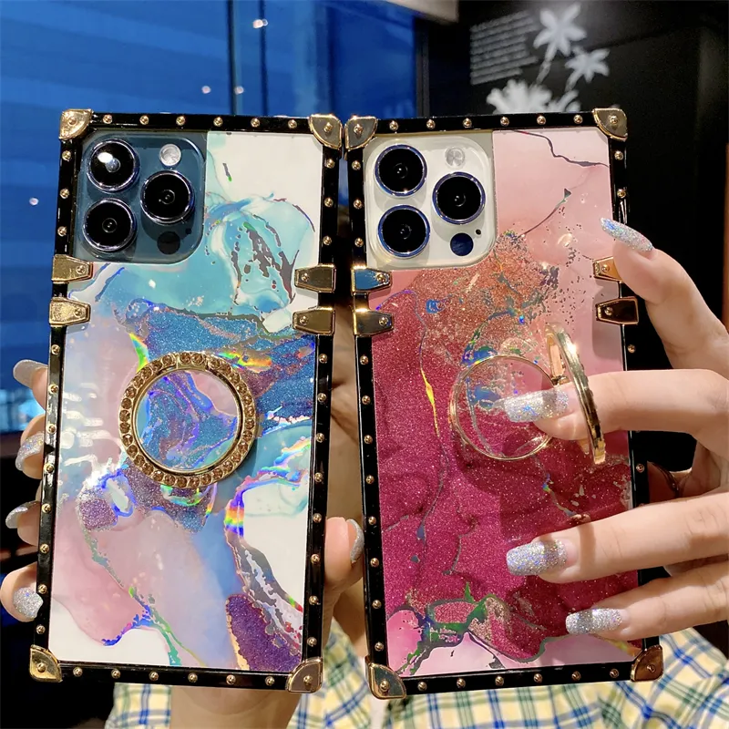 Luxury Art Marble Diamond Glitter Bling Phone Cases For iPhone 13 11 12 Pro X XR XS Max 7 8 Plus Square Ring Holder Silicone Cover