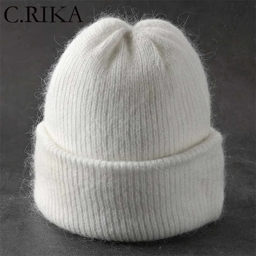 Vinter hatt för kvinnor äkta kanin päls cashmere stickade mössa flicka utomhus tjock varm vitgora mode solida skullies 211228