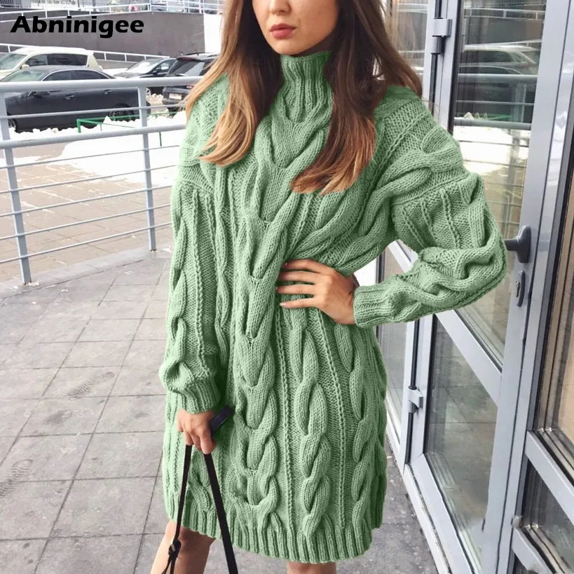 Ladies Sweater Dress High Collar Sweaters Long Sleeve Dresses Pure Color Knitted Pullovers Sweaters Vestido Loose Warm Winter 210222