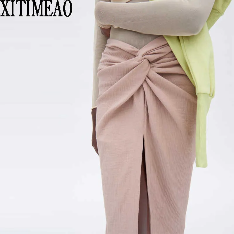 ZA Sommer Vintage Einfarbig Rock Frauen Hohe Taille Paket Hüfte Bleistiftrock Falten Effekt Vorne Split Röcke 210602