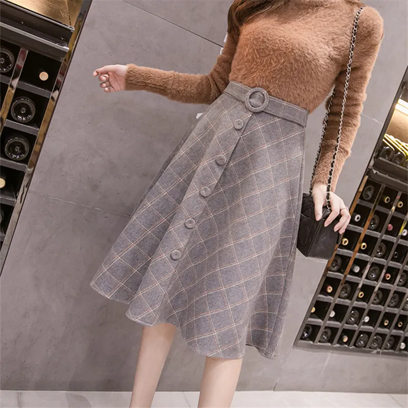 Neophil Winter Woolen Plaid Skirts Women Knee Length Ball Gown Button Sashes High Waist Flare Skirts England Falda S9223 210303