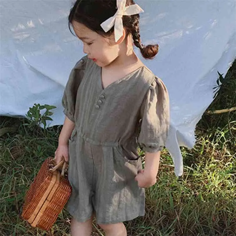 Flickor 'Summer Jumpsuit Koreansk stil V-Neck Ficka Solid Färg Enkel Byxor Byxor Barnkläder Barnkläder 210625