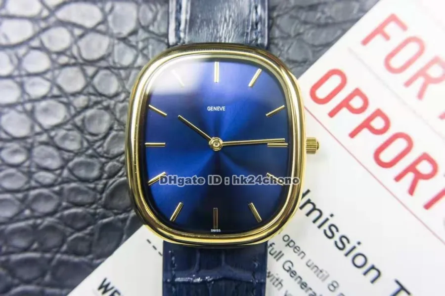 Hochwertige Uhren Goldene Ellipse 18K Gold Miyota 9015 Autoamtische Herren Uhr 3738/100J-012 Saphirblaues Zifferblatt Lederband Gents Armbanduhr