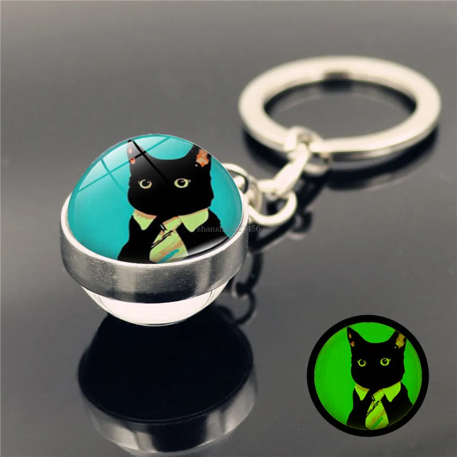 Dubbel sida glas boll katt nyckelring glöd i de mörka nyckelringen hängen nyckelhållare väska hänger mode smycken vilja och sandig