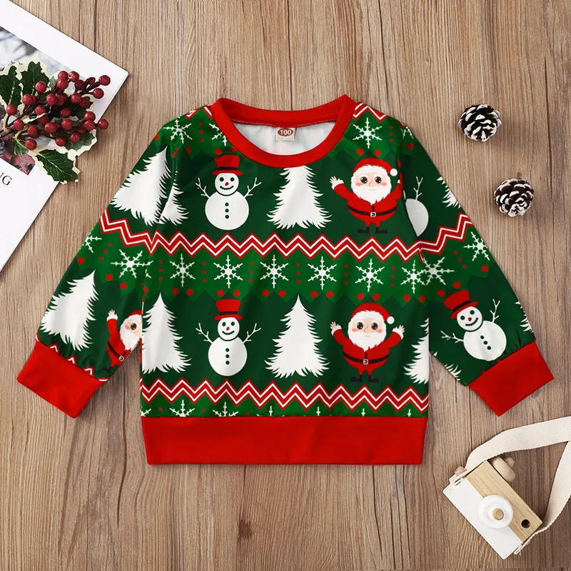 Xmas barnkläder Toppar Tees Baby Girls Green Christmas Snowman Tree Print Långärmad T-shirts Vår Höst Mode Middle Child TröjorHirts