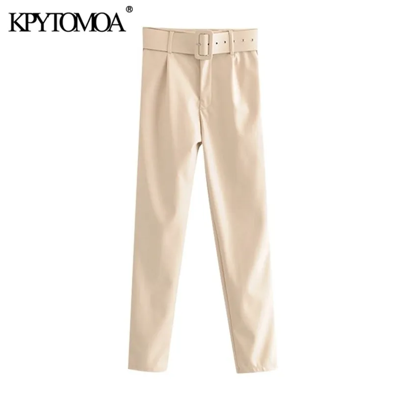 KPYTOMOA Dames chique mode met riem PU faux lederen broek vintage hoge taille rits vlieg vrouwelijke enkel broek Mujer 2111115