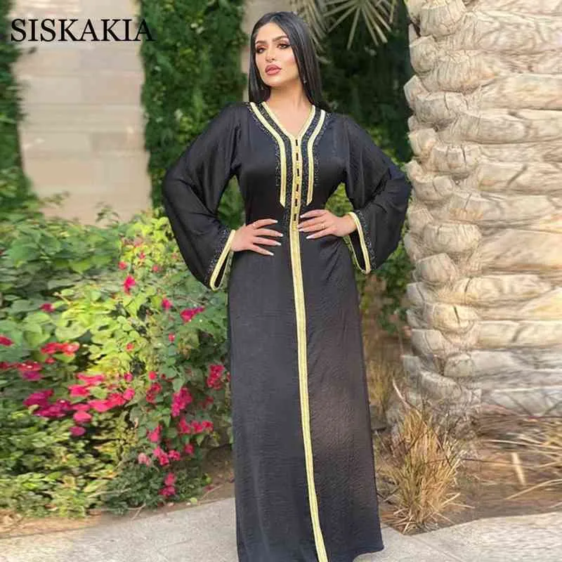 Siskakia Mode Musulman Hijab Robe Eid 2021 Élégantes Femmes Noir Diamant Ruban Marocain Kaftan Turquie Arabe Islamic Vêtements G1214