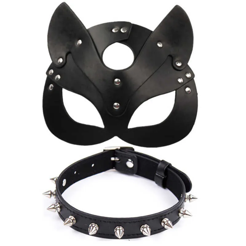 Porn Fetish Head Mask Whip BDSM Bondage Restraints PU Leather Cat Halloween Mask Roleplay Sex Toy For Men Women Cosplay Games Q0818