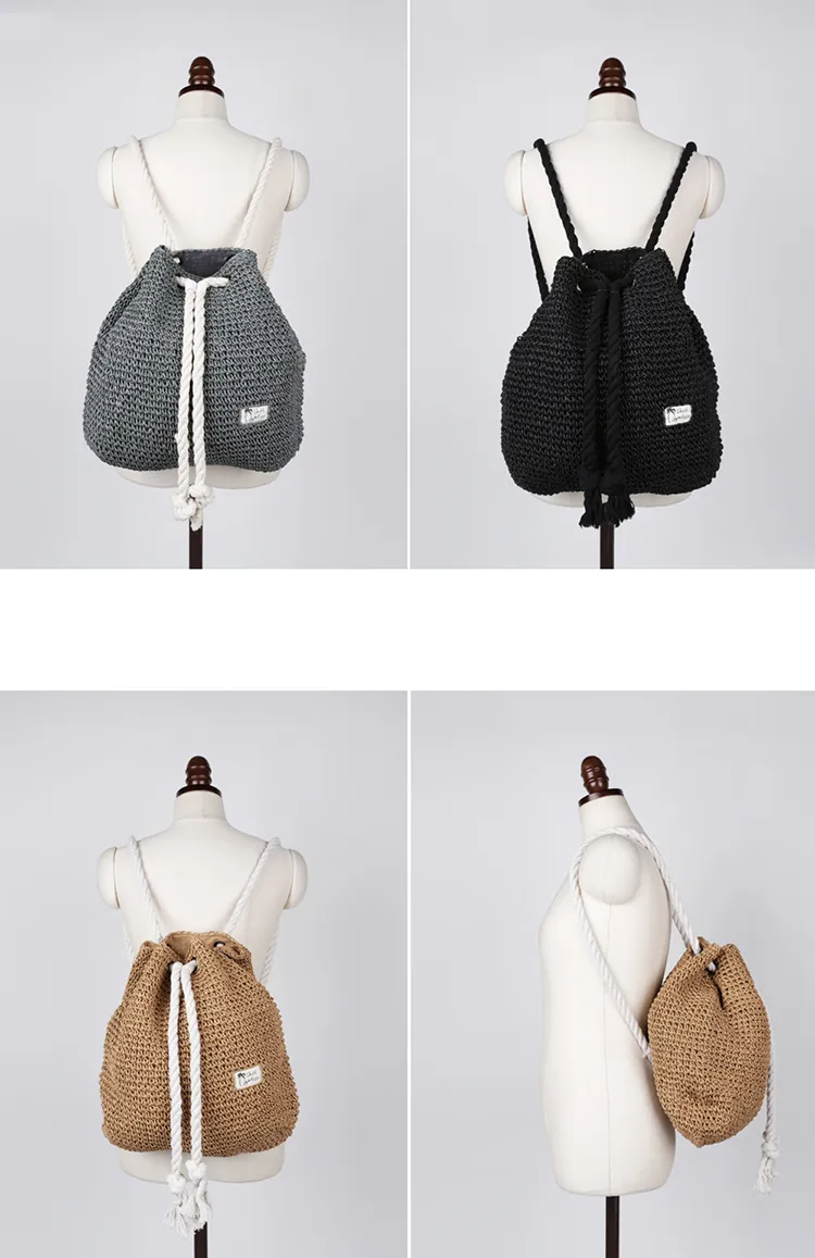 Frauen Strohhalien Rucksack handgefertigtes Strandtasche Kordelkordelkordel Rucksack Strospezier gehäkelte Schulterreisen Taschen