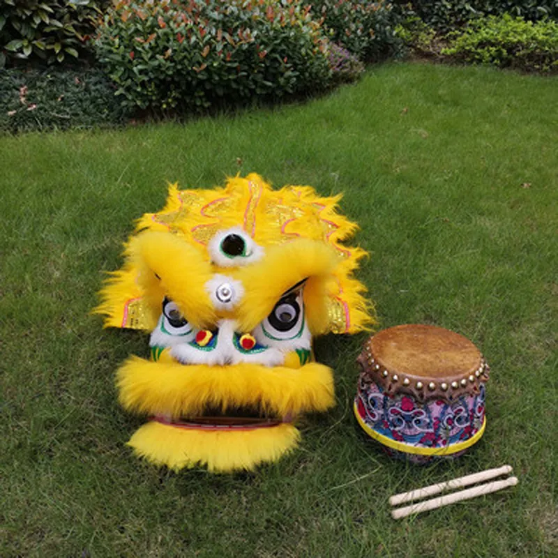 Classic Kid Lion Dance gong Drum Mascot Costume 5-10age 14inch Cartoon Puntelli Sub Play Parade Outfit Dress Sport Festa tradizionale 270Y