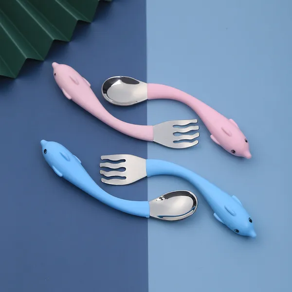 2PCE / Set Baby Tableware Dowiedz się Jedzenie Łyżka Szkolenia Krótki Kreskówka Włókna Spoon Widelec Zestaw Gadżetów Dziecka Sztućce