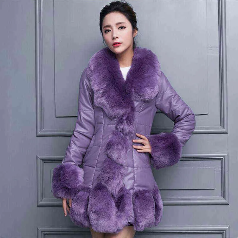 Kvinnors klänning Koreansk Slim PU Fur Jacket Coat Imitation Faux Fur Collar Nio Point Sleeve Medium Long Fur Coat 211213