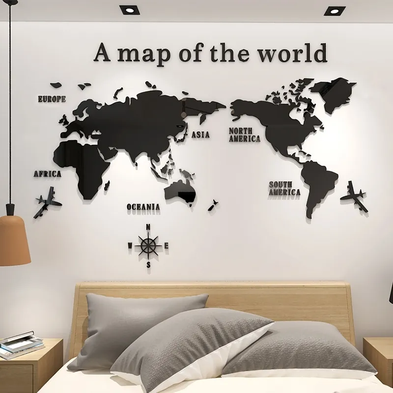 DIY Grande carte murale acrylique Carte du monde pour bureau salon TV Fond d'arrière-plan Accueil Décoration Autocollants 210310