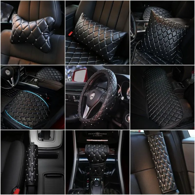 Coussins de siège Diamant Cuir Voiture Appui-Tête Cou Oreiller Taille Soutien Cristal Strass Coussin Couvre Style Intérieur Accessoires