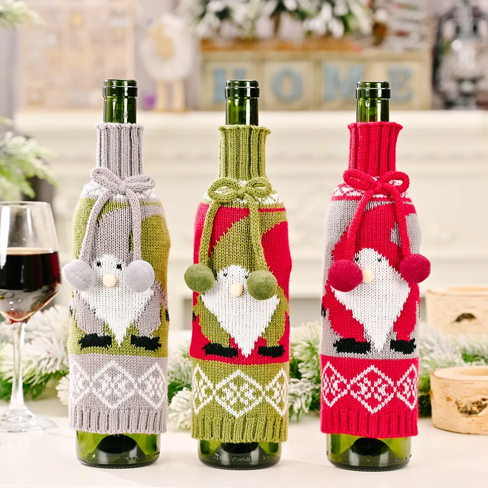 Christmas Wine Bottle Cover Gnome Snowflake Champagne Knitted Sweater Xmas Home New Year Party Decoration PHJK2108