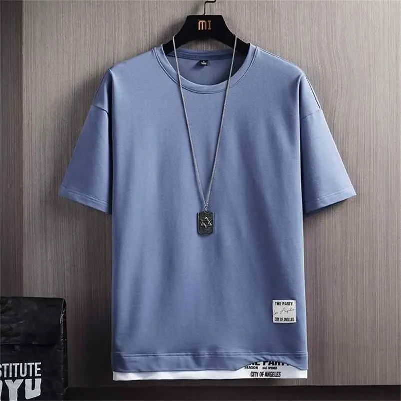 4色半袖メンズTシャツ夏のファッションパッチワークTシャツ男性クラシックOネックトップス高品質原宿男性ティーシャツ210722