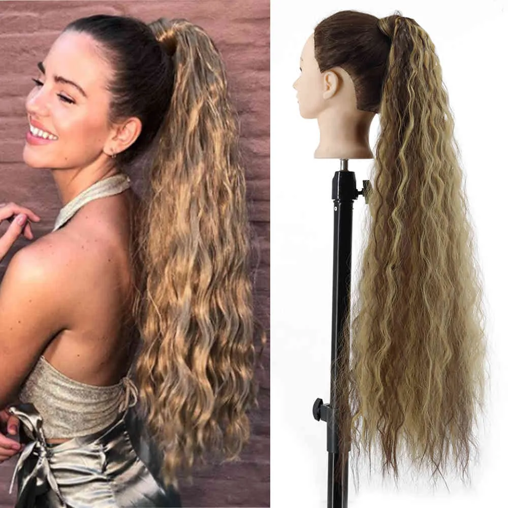 Synthetic Corn Wavy Long 34inch Ponytail piece Wrap on Clip Extensions Ombre Brown Pony Tail Blonde Fack Hair