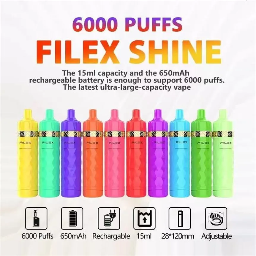 Filex Shine Mesh Bobina monouso E Sigarette 6000 Puff 15ml Ricaricabile 650mAh Battery Pen Unità Paper Authentic343D