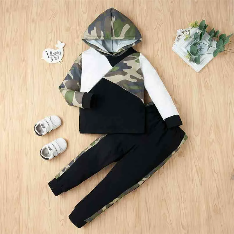 Przyjazd jesień i zima 2-częściowy baby camouflage splice z długim rękawem pullowe spodnie ustawione dzieci ubrania 210528