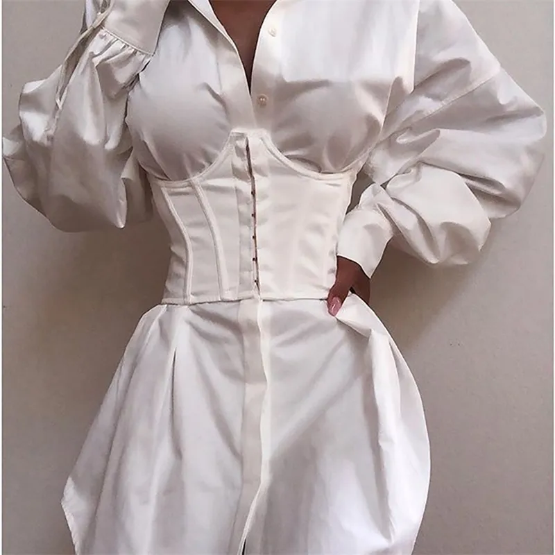 エレガントな白いシャツのドレス女性レースアップTシャツのドレスミニショート秋のドレス街路壁冬服の女性210309