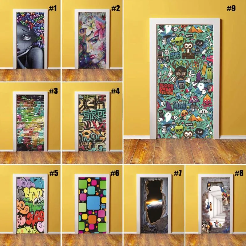 Autocollants muraux créatifs pour porte, Art Mural, Graffiti, autocollant adhésif, papier peint, décoration de maison