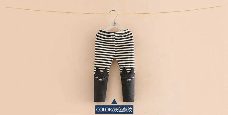  Spring Autumn 2-10 Years Kids Children Birthday Gift Navy Blue Gray Cotton Striped Spliced Cartoon Cat Girl Baby Leggings (6)