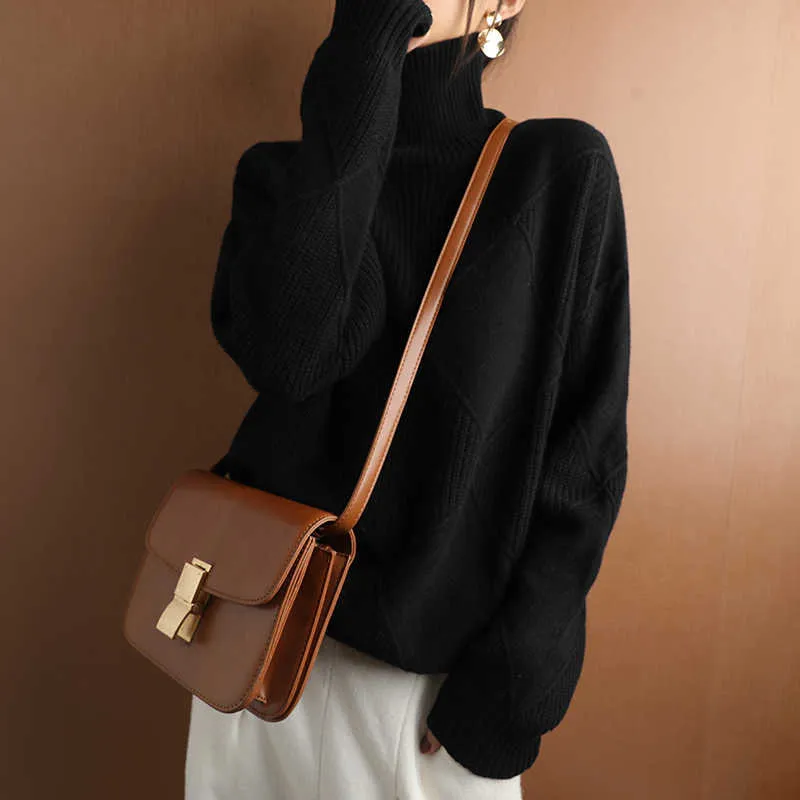 Cashmere sweater women turtleneck pure color knitted pullover 100% wool loose large size 211011