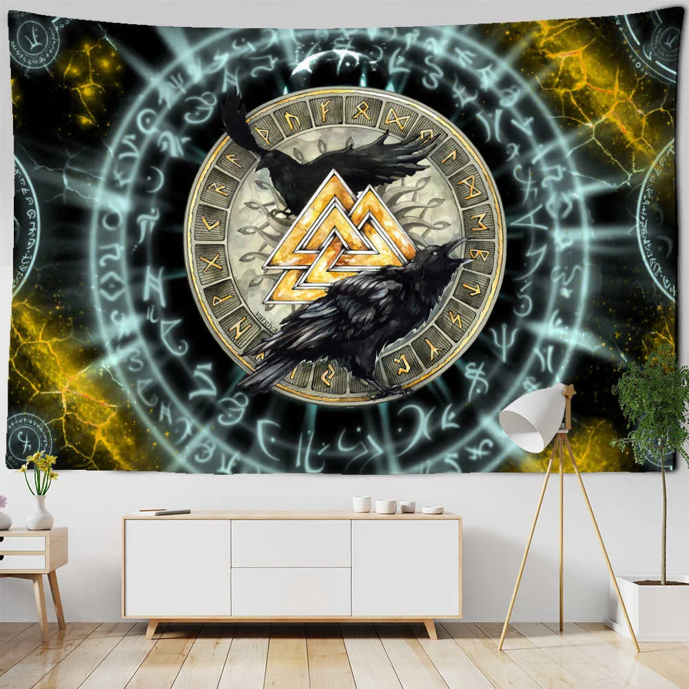 Vikingos Tapiz de pared Cuervo Meditación misteriosa Runas psicodélicas Arte Tapices para colgar en la pared para sala de estar Tarot Sol Luna 210609