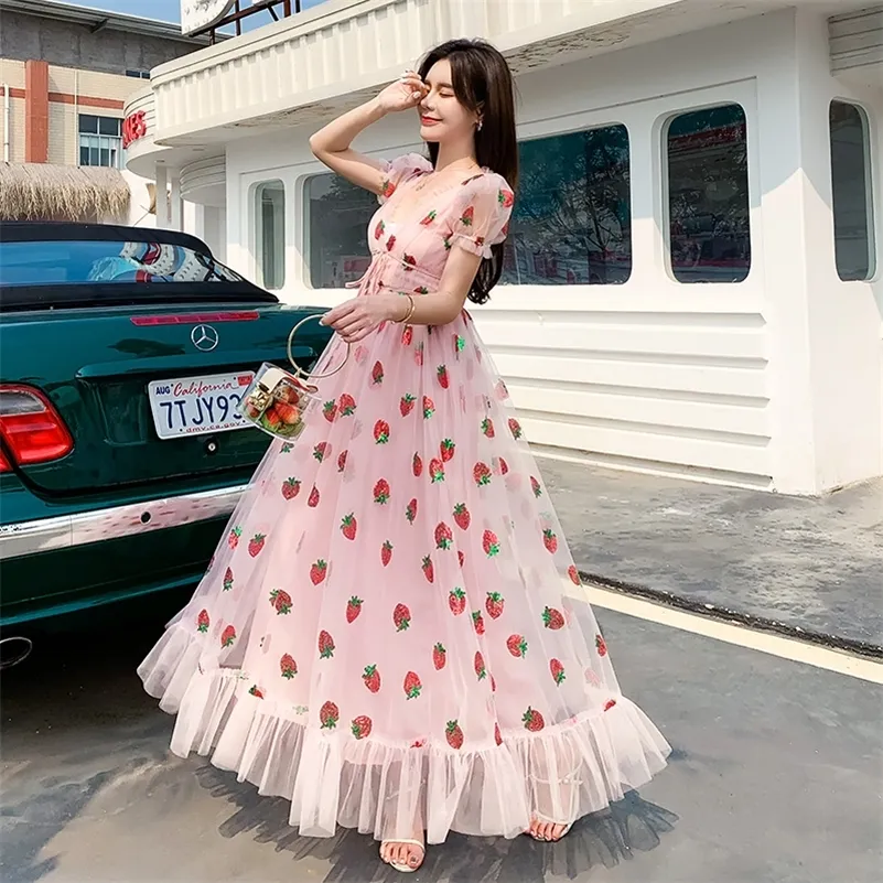 Pink Tulle Peach Long Dress with Sweet Strawberry Embroidery, Cascading Ruffle, V-Neck, Sleeves, and Bow Detail - Perfect for Summer (210309)