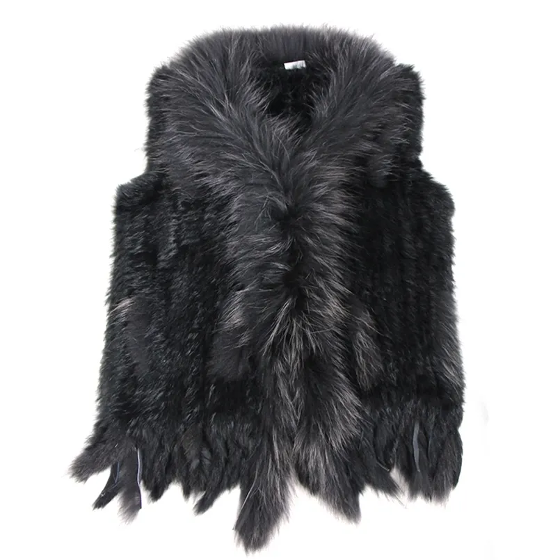 high quality Retail/wholesale Raccoon Dog Fur Collar Trim Women Knitted Natural Rabbit Fur Vest Gilet/waistcoat 210817