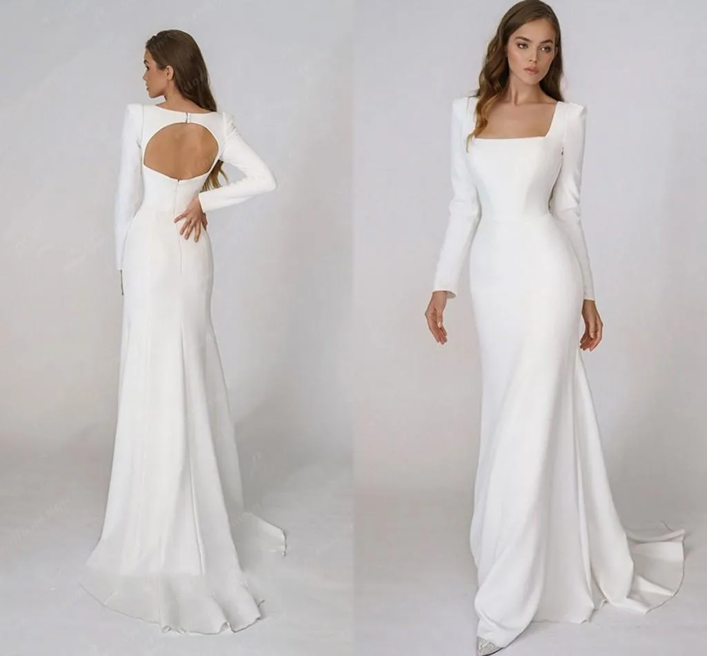 Splendidi abiti da sposa a sirena da spiaggia semplici con macchie quadrate, scollo quadrato, maniche lunghe, abiti da sposa bohémien senza schienale