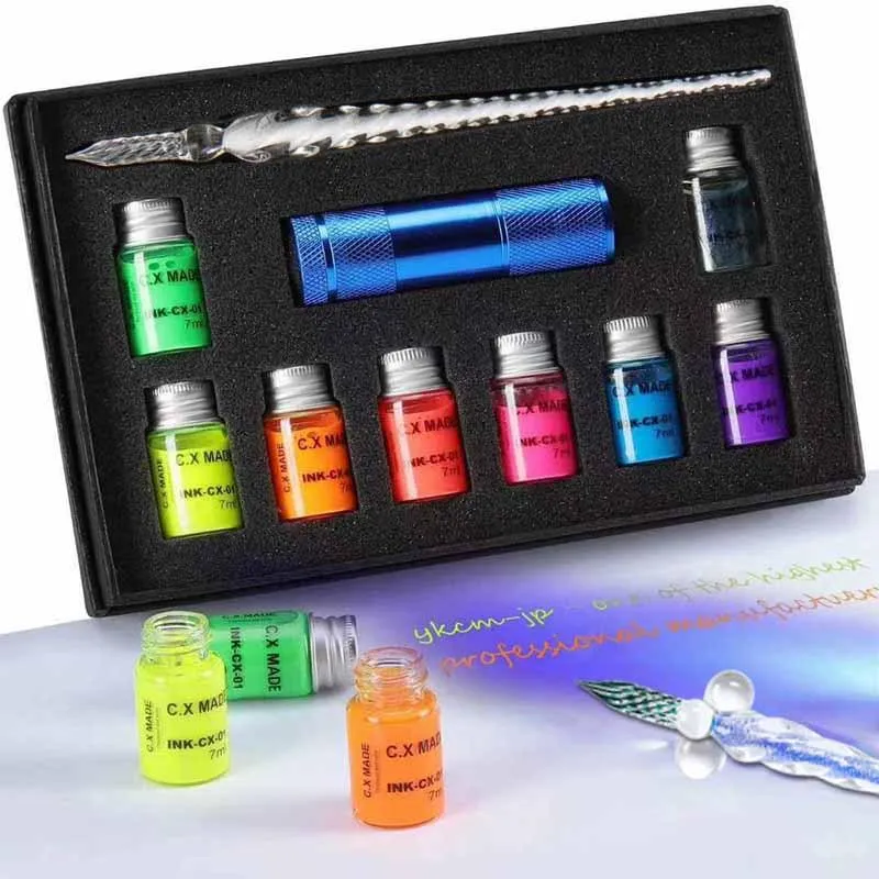 10 sztuk / pudełko kryształowe pióro szklane z lampą UV Niewidoczne atramenty fluorescencyjne DIP Pen Gifts Papiernicze pisanie rysunku kreatywnych dostaw